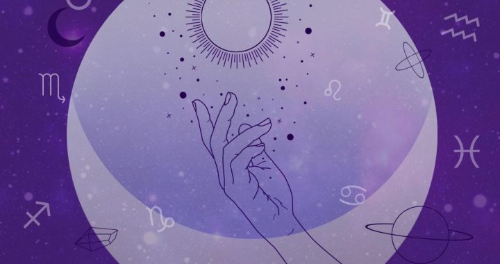 Illustration of a hand with planets, stars and moons on an astrological background in purple